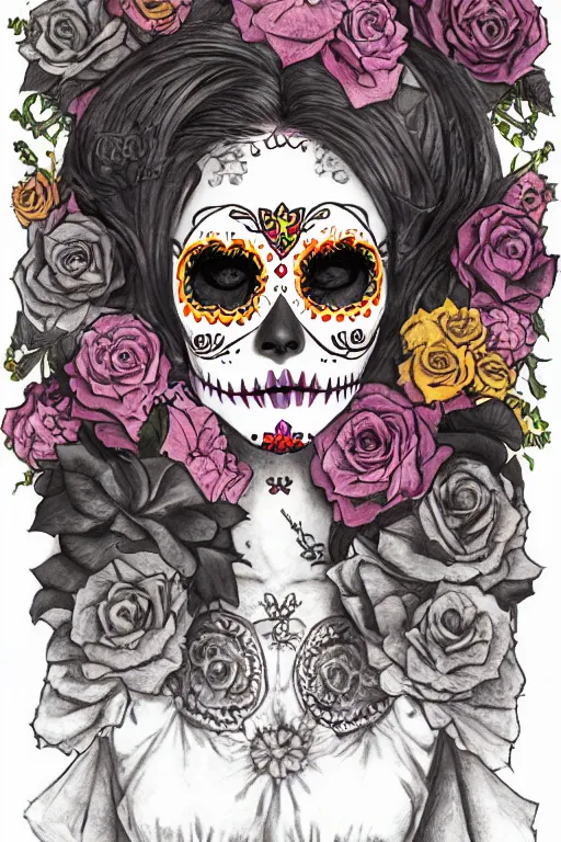 Image similar to illustration of a sugar skull day of the dead girl, art by akihiko yoshida