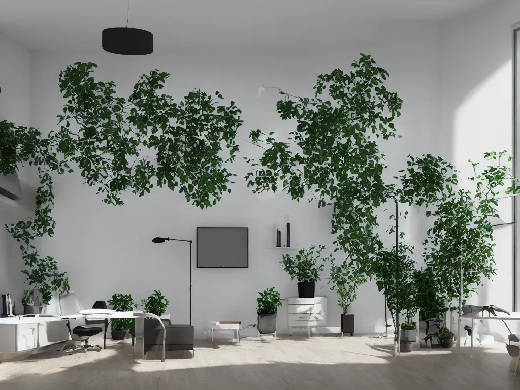 Image similar to A modern indoor music studio room, clean architecture, some plants, peaceful, 8K octane render