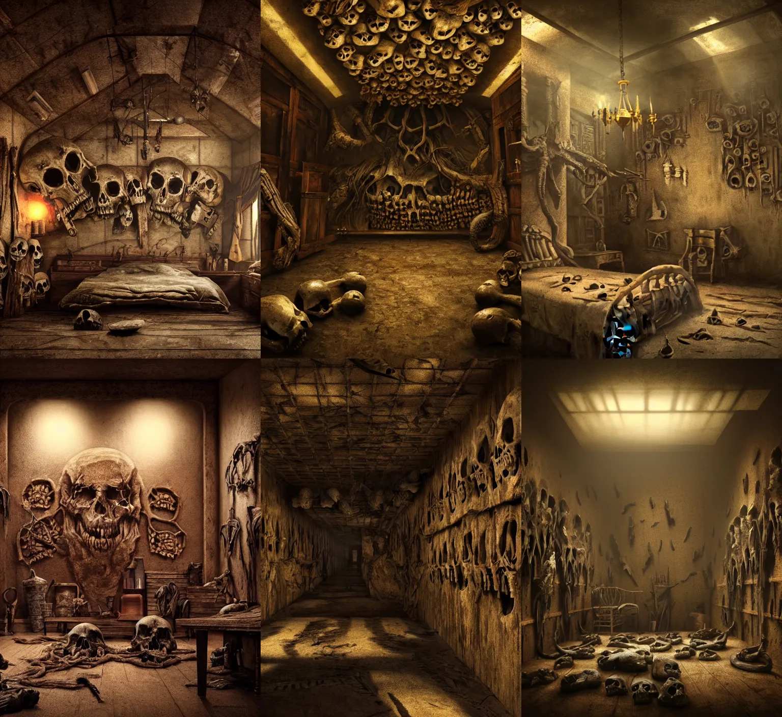 Prompt: creepy cinematic low angle shot of a realistically rendered rustic room and a wall of skulls, matte painting, illustration, dramatic lighting, moody lighting, dark colors, golden ratio, rule of thirds, environmental design, cinematic perspective, 8 k, realistic lighting, realistic shading, octane render, predator 2, in the style of lawrence g paull production design