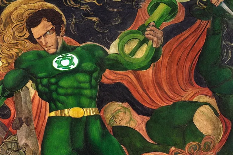 Image similar to multicolor sketch of green lantern creating a giant hammer by sandro botticelli in 4 k ultra high resolution, with inspiring feeling