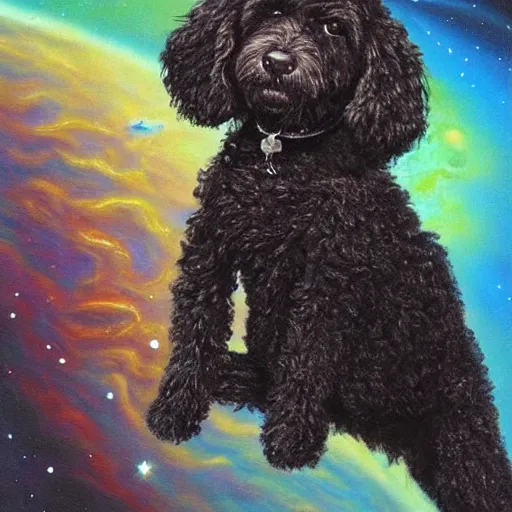 Prompt: a small black labradoodle in space depicted as devouring the universe. award - winning. oil painting. cute. surreal.
