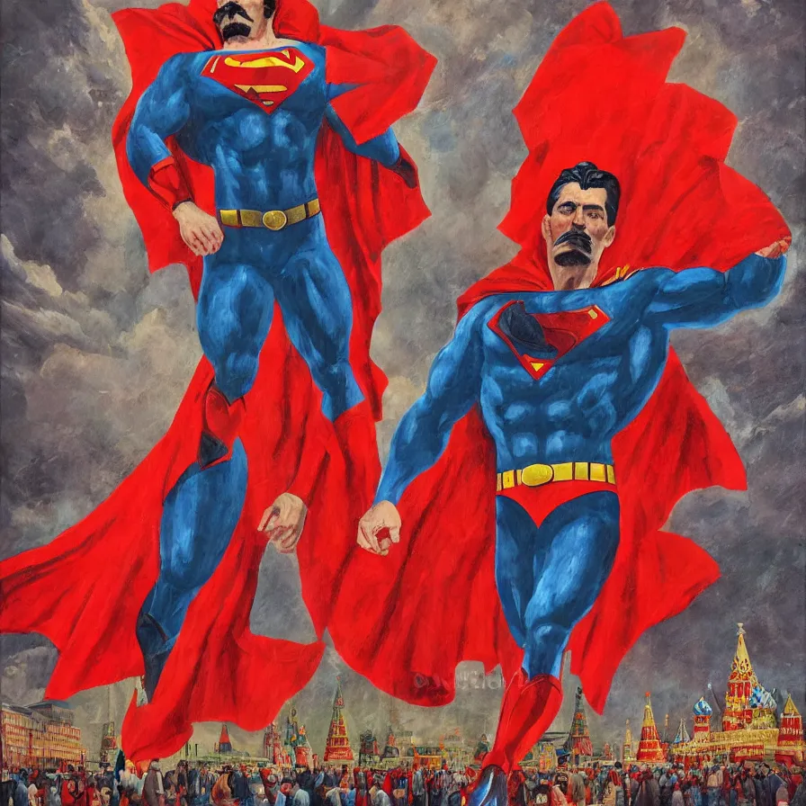 Image similar to stalin as superman red son standing triumphantly in the red square ( moscow ), socialist realism, oil painting masterpiece, photorealistic, detailed picture, intricate digital art, trending artstation, rich moody colors, fan art, concept art, artgem, 8 k ultra high definition