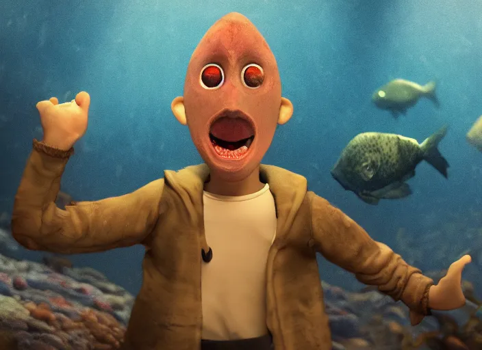 Image similar to florentin will as a fish, still from animated horror movie, animated movie shot, cinematic lighting