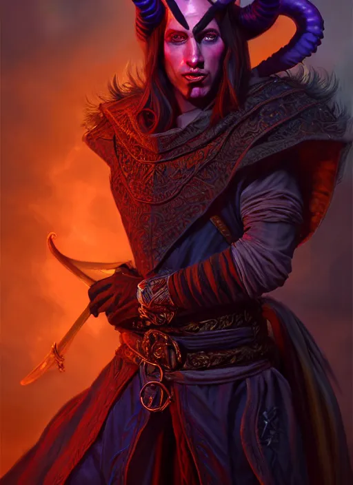 Image similar to tiefling bard, full body, hyper realistic, extremely detailed, dnd character art portrait, dark fantasy art, intricate fantasy painting, dramatic lighting, vivid colors, deviantart, artstation, by wayne reynolds.