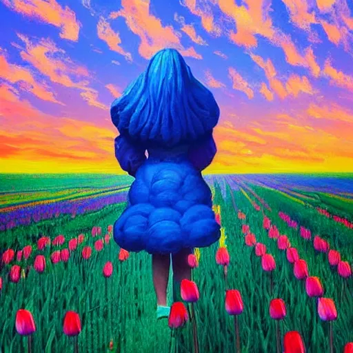 Image similar to girl with a single giant tulip as a head, surreal photography, flower field, sunset dramatic light, impressionist painting, colorful clouds, blue sky, digital painting, artstation, simon stalenhag