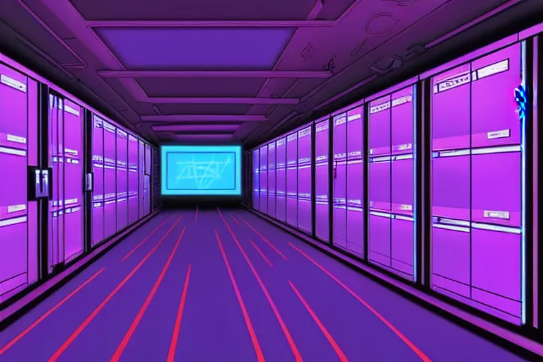 Image similar to realistic robot in a data server room, neon and dark, purple and blue color scheme, by dan mumford and malevich