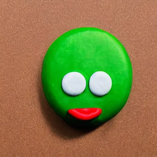 Image similar to photo of the green m & m with the face of borat