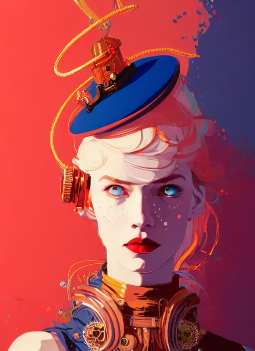 Prompt: portrait of beautiful nordic woman wearing steampunk hat, red tuxedo, blue eyes, artstation winner by victo ngai, kilian eng and by jake parker, by conrad roset, swirly vibrant color lines, winning award masterpiece, fantastically gaudy, aesthetic octane render, 8 k hd resolution