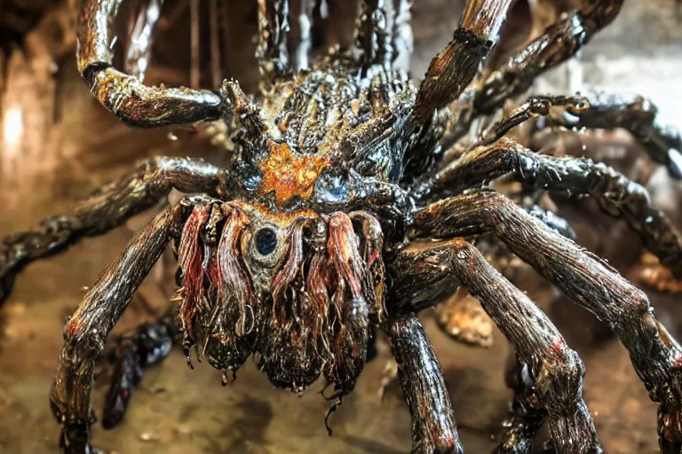 Image similar to photo taken of an epic intricate, ultra detailed, super realistic gritty, hero prop, exquisitely painted animatronic movie prop of a wet slimy grotesque nightmarish hellish mutant arachnoid creature displayed in the workshop, created by weta workshop, full body shot, photorealistic, sharp focus