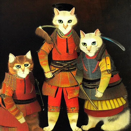 Prompt: Three cat samurai with different colors of fur wearing different styles of Japanese armor, oil on canvas, by Rembrandt