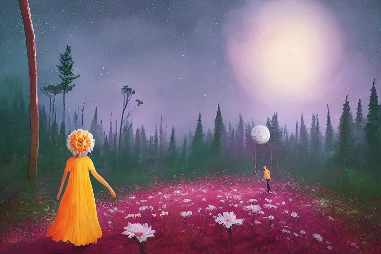 Image similar to giant daisy flower as a head, girl walking forest, big trees, hills, surreal photography, dark night, star trails, moon light, impressionist painting, clouds, digital painting, artstation, simon stalenhag