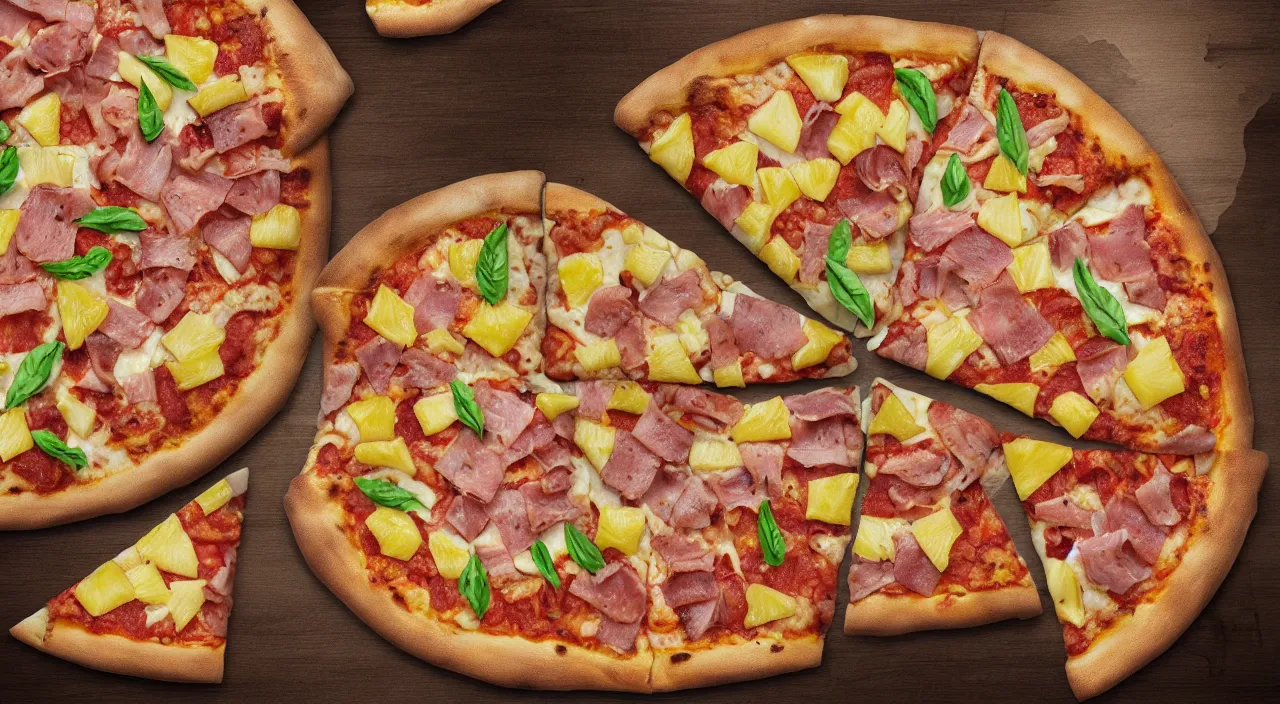 Prompt: one round tasty pizza with pineapple and ham, ultra realistic, artstation