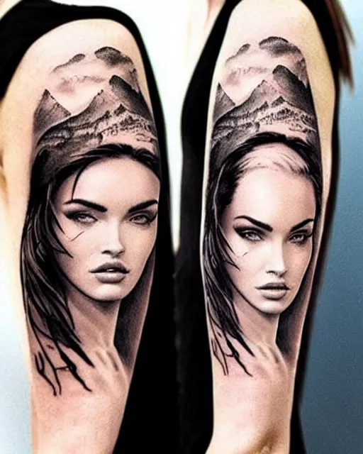 Image similar to creative double exposure effect tattoo design sketch of megan fox faded in beautiful mountain scenery, realism tattoo, in the style of matteo pasqualin, amazing detail, sharp