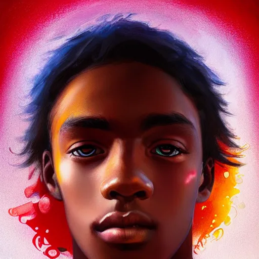Prompt: colorful and festive captivating teenager with straight brown hair covering his eye, dark skin, big lips, big eyes, wearing a red t - shirt. rich vivid colors, ambient lighting, dynamic lighting, 4 k, atmospheric lighting, painted, intricate, highly detailed by charlie bowater