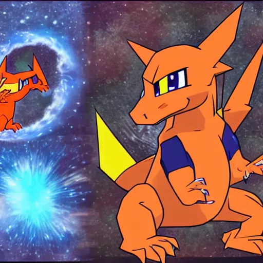 Prompt: charizard observes the space - time continuum on heroic dose of psilocybin in various realities