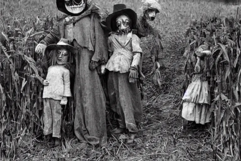 Image similar to disturbing scarecrow from the early 1 9 0 0's leading innocent children into the cornfields