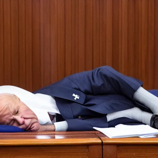 Image similar to Joe Biden sleeping on a bed in a court room