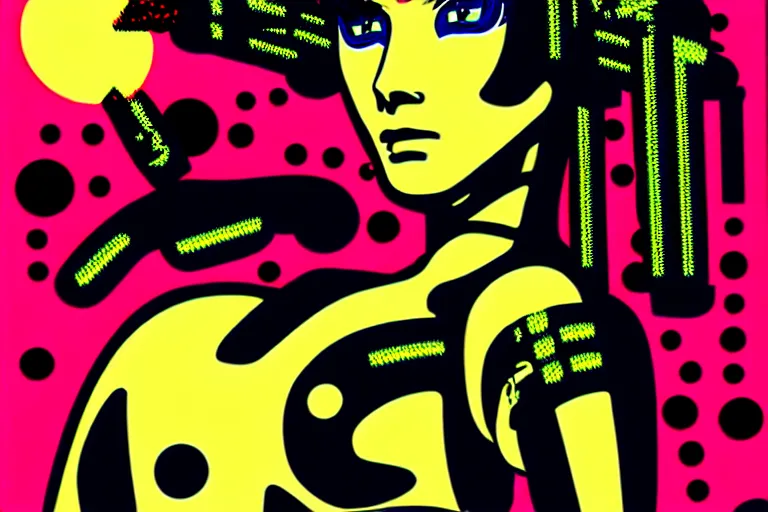 Image similar to ⚠ 👽 💉 ☠ 💢 😱 futuristic japanese cyberpunk by roy lichtenstein, by andy warhol, ben - day dots, pop art, bladerunner, pixiv contest winner, cyberpunk style, cyberpunk color scheme, mechanical, high resolution, hd, intricate detail, fine detail, 8 k