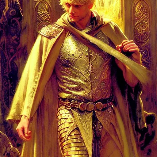 Image similar to handsome arthur pendragon in love with handsome merlin the mage. merlin is also in love with arthur. highly detailed painting by gaston bussiere, craig mullins, j. c. leyendecker