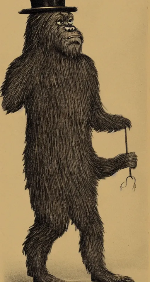 Image similar to a vintage portrait of a dignified bigfoot wearing a top hat and carrying a cane