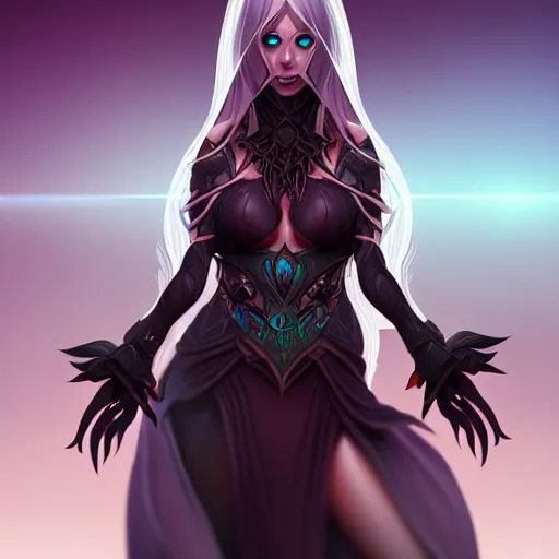 Image similar to dark sorceress full body and face view, highly detailed, wlop style, artstation, soft light, sharp focus, illustration, character design