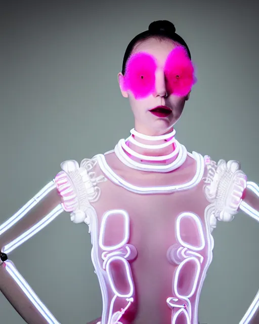 Image similar to portrait of a woman wearing a white embroidered translucent silicone mask and white neon pink frizzy hair buns, wearing a black bodysuit by alexander mcqueen, cream white background, soft diffused light, biotechnology, humanoide robot, bjork aesthetic, translucent, by rineke dijkstra, intricate details, highly detailed, masterpiece,