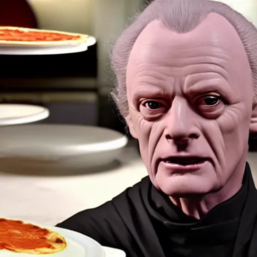 Image similar to A still of Ian McDiarmid as Palpatine making a pizza, 4k, photograph, ultra realistic, highly detailed, professional lighting