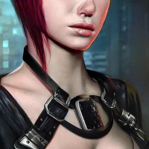 Image similar to detailed realistic female character cyberpunk wearing leather belt collar around neck, realistic, art, beautiful, 4K, collar, choker, collar around neck, punk, artstation, detailed, female, woman, choker, cyberpunk, punk, collar, choker, collar around neck,