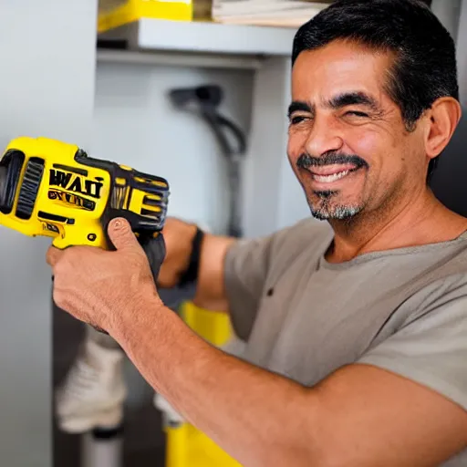 Image similar to latino man using cordless power tool made by dewalt