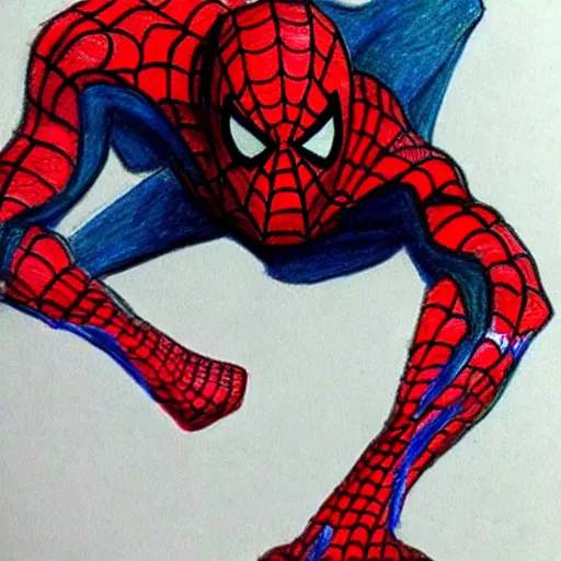 Image similar to crayon drawing of demonic spiderman, drawn by a 6 year old