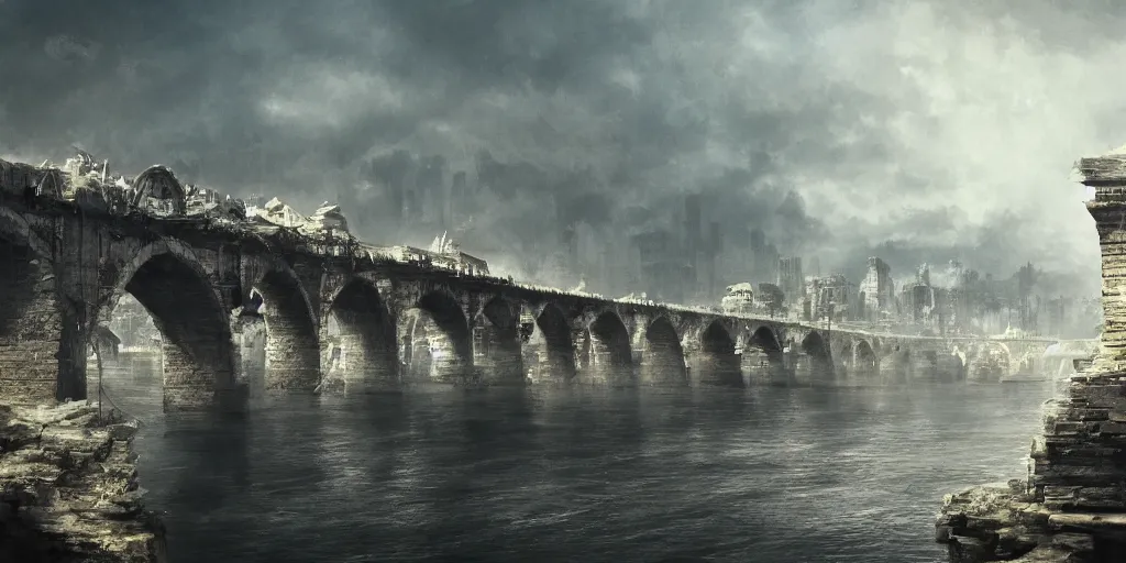 Image similar to ancient city on top of a tall bridge structure over the ocean, one narrow strip of city on one tall bridge, tall arches, long, fading off into the distance, artstation