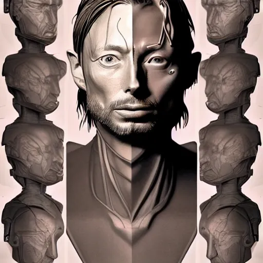 Image similar to concept art, collages, hyper realistic, many variations of very old thom yorke, face variations, statue of ultron by jama jurabaev, very long shot, cybernetic, high quality, brush stroke, for aaa game