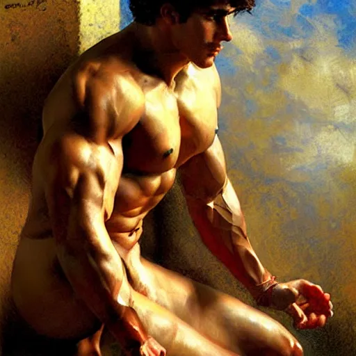 Prompt: Young greek god, muscular, detailed face, thighs, painting by Gaston Bussiere, Craig Mullins