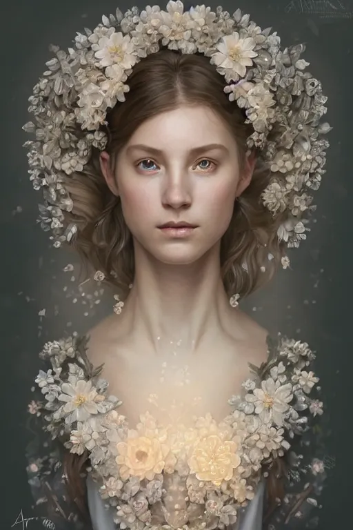 Image similar to symmetry!! full body portrait!!!! of a beautiful!!!! delicate elegant nordic shield maiden, pretty face!!!!, flower petals, intricate, elegant, highly detailed, digital painting, artstation, concept art, smooth, sharp focus, illustration, art by artgerm and greg rutkowski and alphonse mucha, 8 k