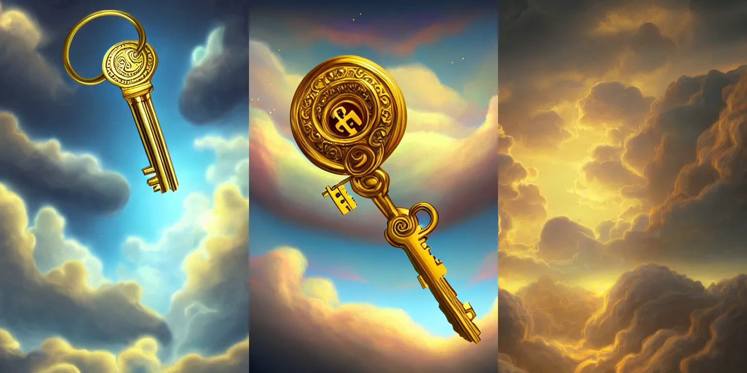 Prompt: Illustration of a golden key made of clouds. Fantasy, digital painting, HD, 4k, detailed, artwork, bloom, lighting.