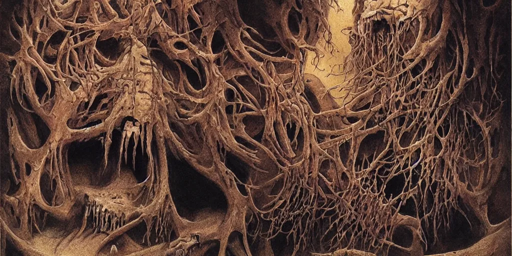 Image similar to tiny scorpions crawling through the cavities of a large moose skull, Zdzislaw Beksinski, Wayne Barlowe, gothic, cosmic horror, dystopian, biomorphic, lovecraftian grotesque, amazing details, cold hue's