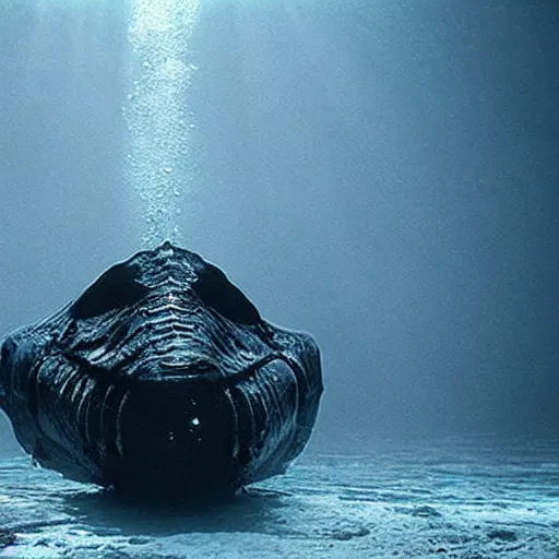 Prompt: horror movie still about a giant underwater sea creature, dark, scary