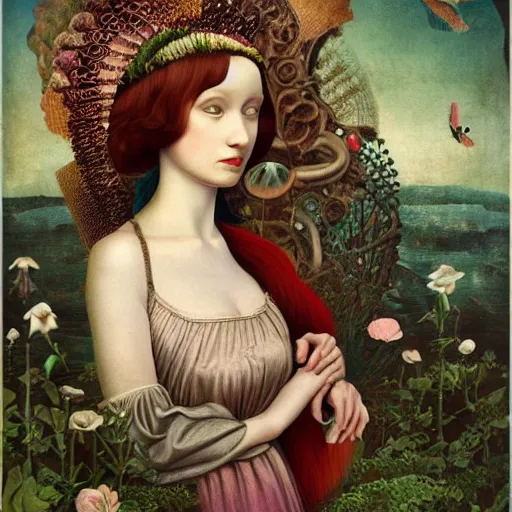 Image similar to a detailed portrait of young woman in renaissance dress and a surreal renaissance headdress, very surreal garden, cyberpunk, surreal tea party, strange creatures, by christian schloe and botticelli, naotto hattori, amy sol, roger dean, moody colors