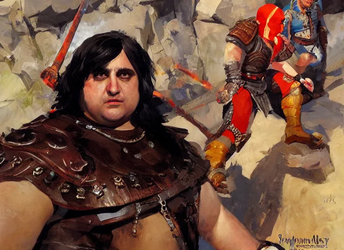 Image similar to a highly detailed beautiful portrait of andy milonakis as kratos, by gregory manchess, james gurney, james jean