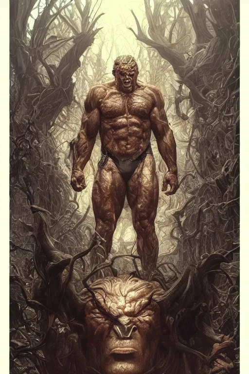 Image similar to portrait of george w bush as a hulking herculean demon, forest, godlike, full body, fantasy, intricate, elegant, highly detailed, digital painting, artstation, concept art, sharp focus, illustration, art by artgerm and greg rutkowski and alphonse mucha