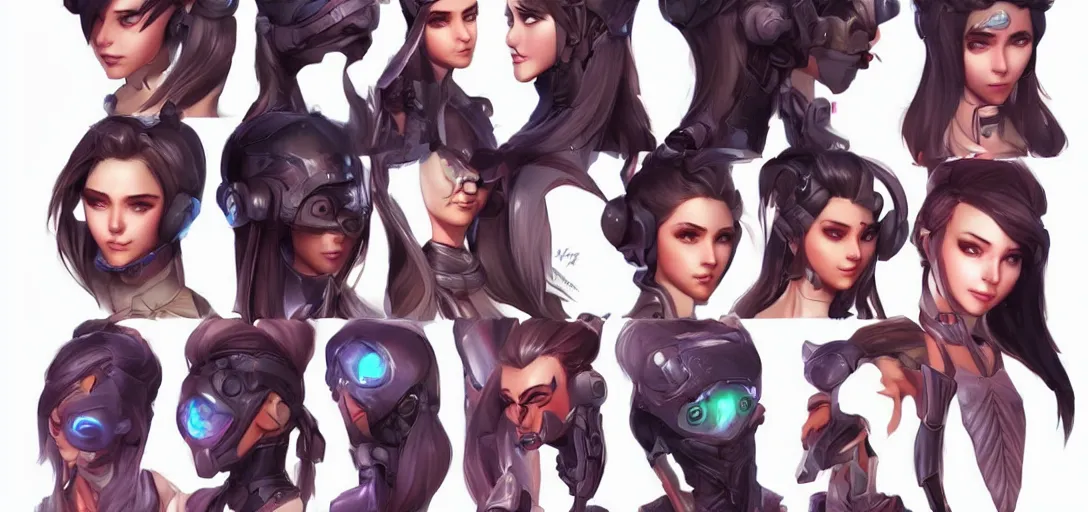 Image similar to concept art of female video game characters head designs, cute, quirky, unique hairstyles, overwatch by marc brunet and artgerm