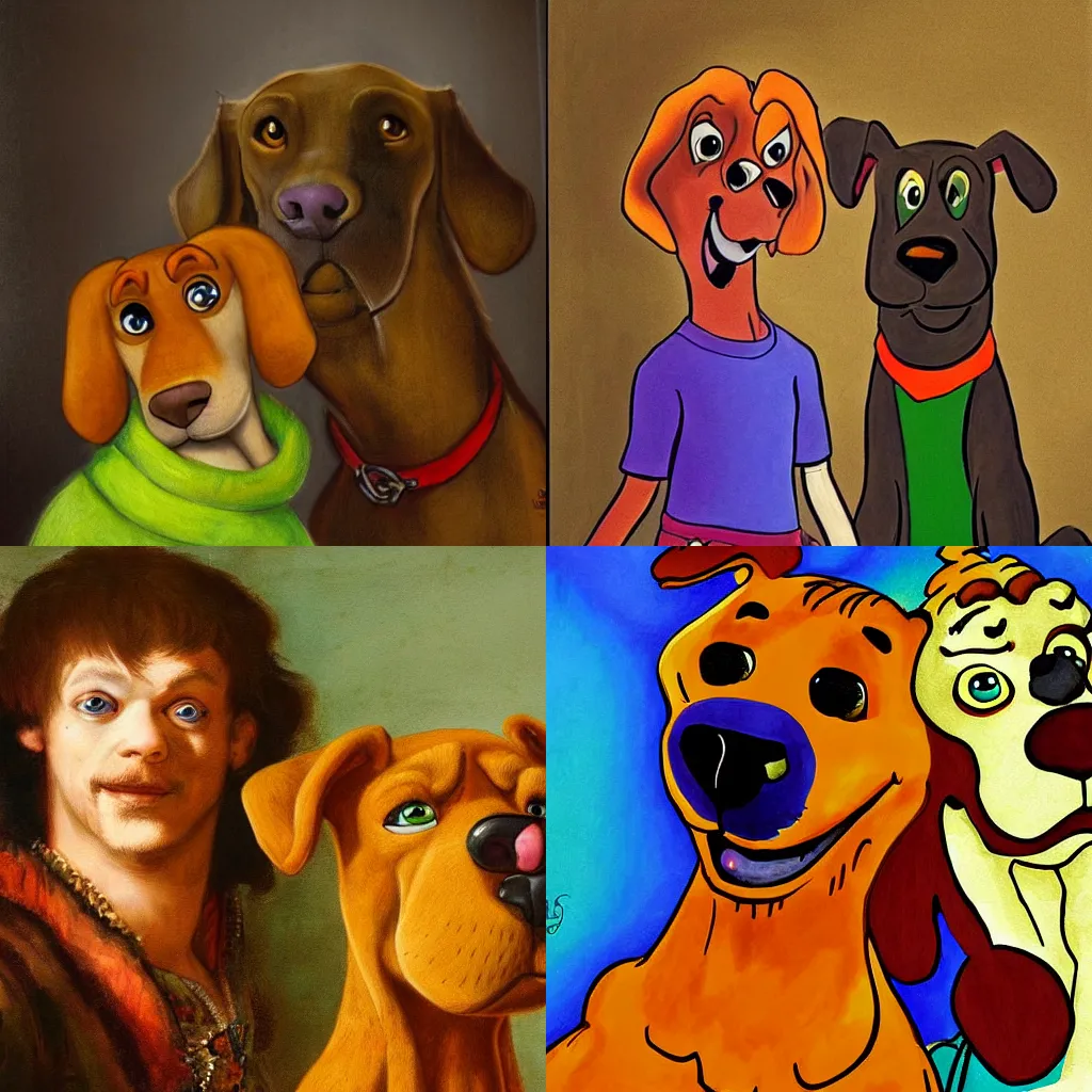 Prompt: a beautifully painted portrait of scooby-doo and Shaggy by Rembrandt