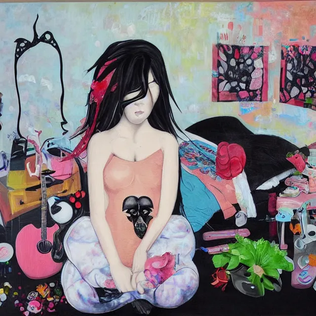 Image similar to a portrait in a female artist's zen bedroom, black walls, emo girl with plushies, sheet music, berries, surgical supplies, pancakes, black flowers, sensual, octopus, neo - expressionism, surrealism, acrylic and spray paint and oilstick on canvas