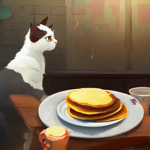 Image similar to concept art painting of a cat eating pancakes, realistic, detailed, cel shaded, in the style of makoto shinkai and greg rutkowski and james gurney