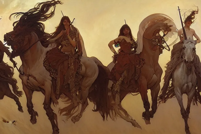 Image similar to the four horsemen of the apocalypse, painting by greg rutkowski and alphonse mucha