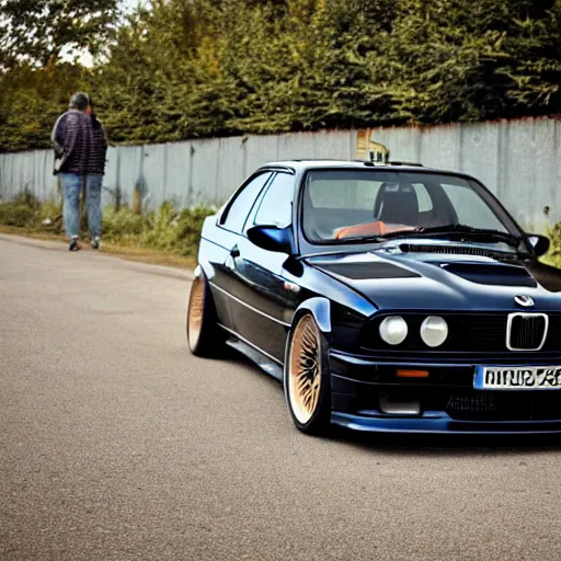 Image similar to bmw m 3 e 3 0, spewing black smoke from exhaust, angry greta thunber in foreground