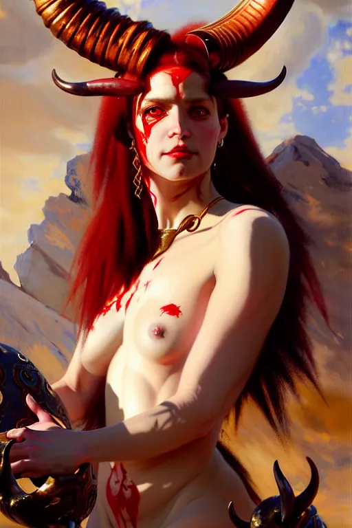 Image similar to painted close - up portrait of a attractive red - skinned intimidating demon cyborg girl with ram horns! oil painting, wearing a noblewoman's outfit, fantasy art by john singer sargent and gaston bussiere and james jean and greg rutkowski, demon noble character design, hd