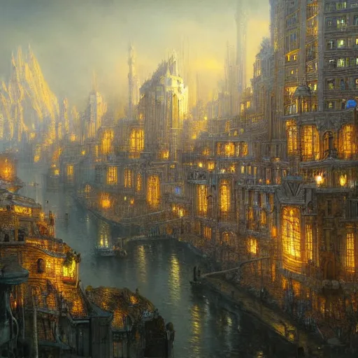 Prompt: beautiful fantasy city by Alan Lee, golden hour, concept art, matte painting, highly detailed, art station, oil painting, 8k