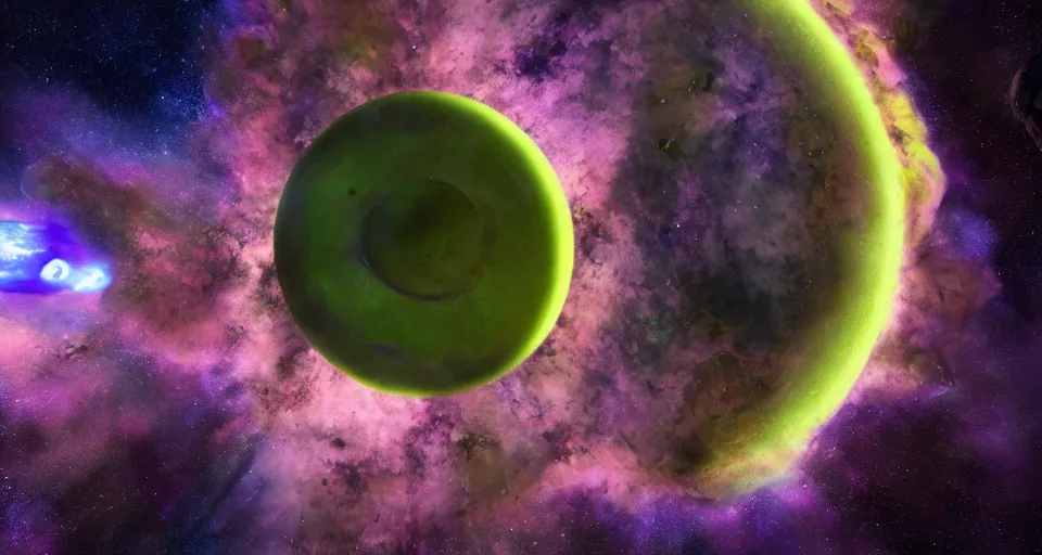 Image similar to masterpiece. octane render. view of the planet down below. space station pov. screenshot from the new sci - fi metroid film directed by denis villeneuve 4 k. cinema. close orbital of a new alien world nested within an asteroid belt nebula. purple and green lightning aurora upon it's surface.