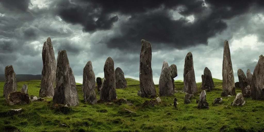 Prompt: fantasy landscape, ancient Ireland, standing stones, dramatic clouds, atmospheric, green hills, dinosaurs, ancient Irish hunters riding dinosaurs